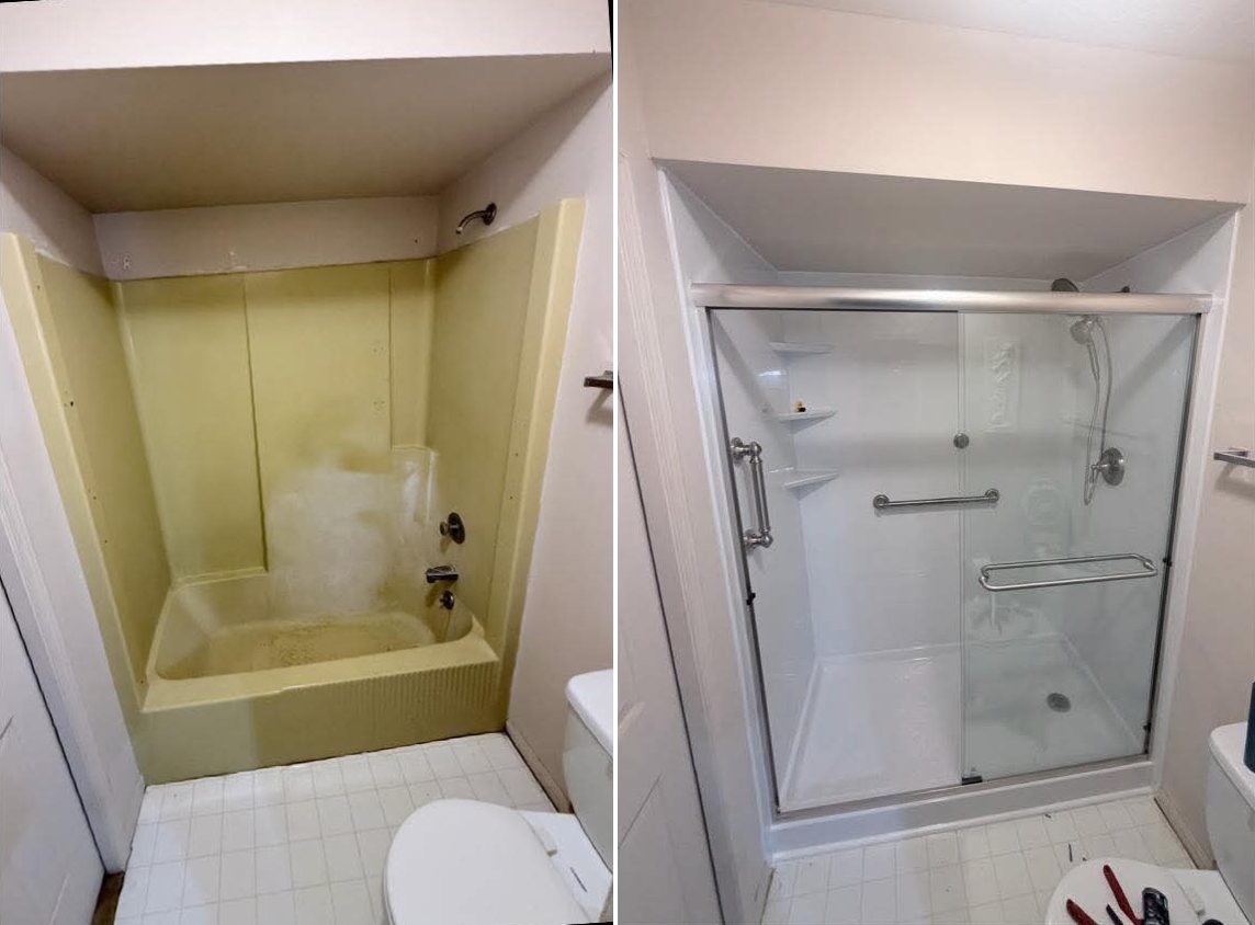 Before and after of a tub-to-shower conversion: a yellowed bathtub and wall surround replaced with a white walk-in shower with a sliding glass door, grab bar and corner shelves