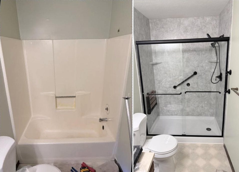 Before and after of a tub-to-shower conversion with grey marbled wall panels, matte black fixtures and a black-framed sliding glass door
