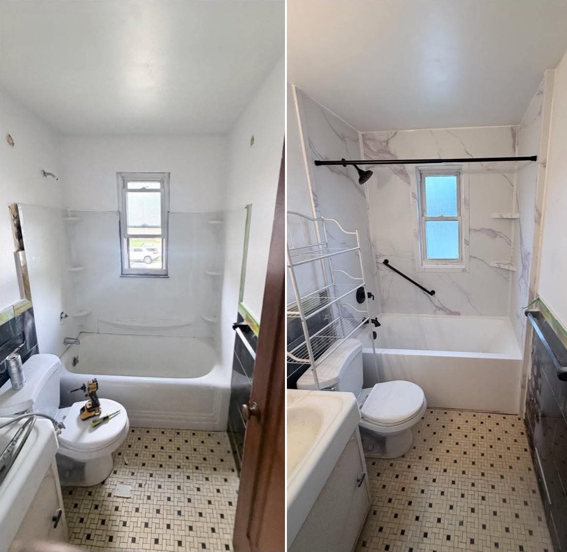 Before and after of a bathtub wall replacement: dated tub surround panels replaced with marble-look wall panels, a new black curtain rod and a grab bar, with the original tub kept