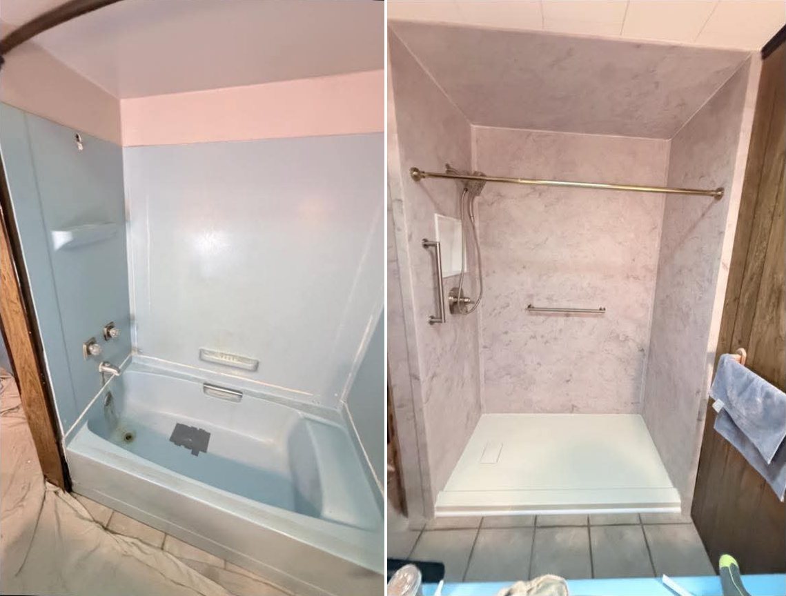 Before and after of an accessible tub-to-shower conversion: a blue bathtub replaced with a low-threshold shower base, carrara-look wall panels and two grab bars